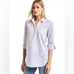 Signature Pinstripe Striped Blouse Popover Tunic Button Front Pocket Collared XS